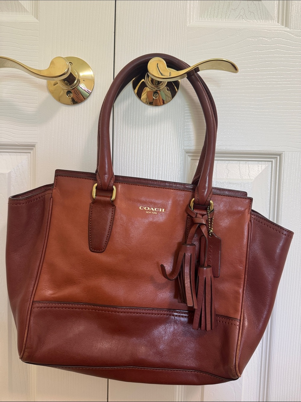 Coach Leather Tote in Chestnut Brown with Tassel Charm
